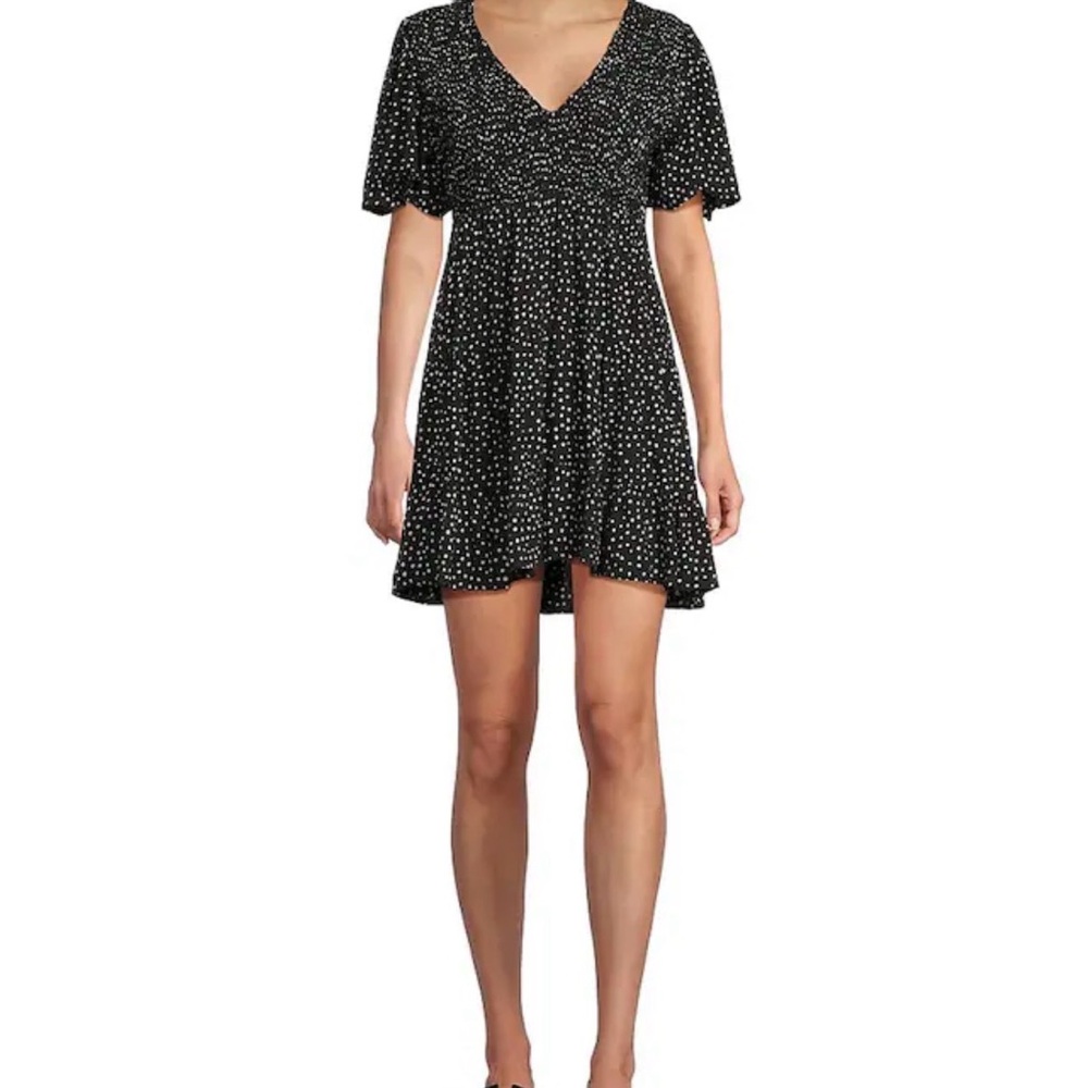 Black Polka Dot Women's V-neck Pullover Ruffle Sleeve Dress Sz Lg